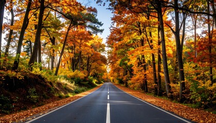 Autumnal road winding through a vibrant forest
