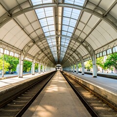 Obraz premium Empty train station platform under arched metal roof