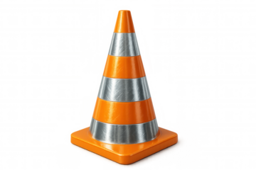 Orange and silver traffic cone standing on a transparent background, representing safety and caution in work zones