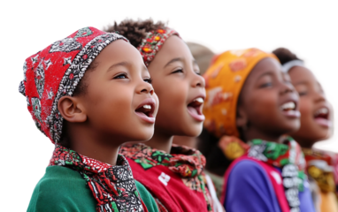 Group of kids performing holiday songs in South Africa representing tradition, community, and culture isolated on transparent background PNG