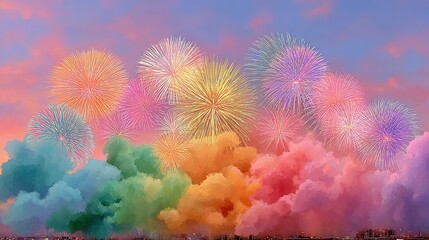 Colorful fireworks explode above rainbow colored clouds in a vibrant sky.