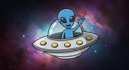 Smiling alien waving from a cartoon spaceship in outer space