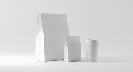 Blank Coffee Packaging Mockup Paper Bag, Pouch & Cup