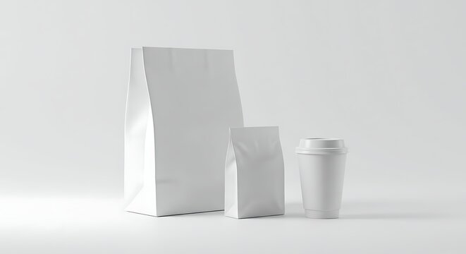 Blank Coffee Packaging Mockup Paper Bag, Pouch & Cup
