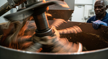 Focused factory worker supervises large industrial mixer as spinning metal blades process raw materials in high speed motion inside manufacturing facility for production