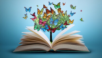 open book with pages transforming into colorful tree of butterflies symbolizing imagination and creativity on light blue background