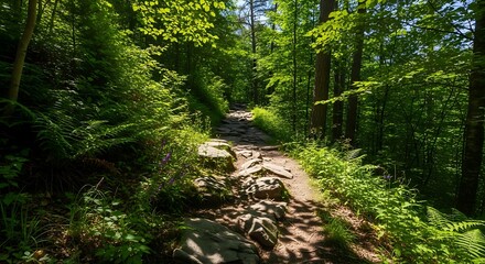 Fototapeta premium Sunlit Forest Path - A Journey Through Natures Embrace.
