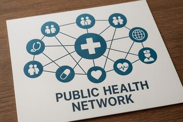 Close-up shot of a document outlining a public health network. The network includes various elements like people, medical symbols, and network nodes 