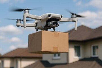 A drone delivering a package near a house, showcasing modern technology's impact