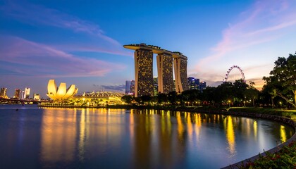 City skyline at twilight, reflecting in calm water