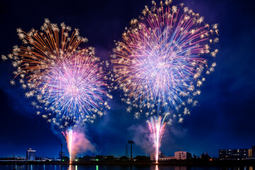 色とりどりの花火が夜空を彩る花火大会の夜景