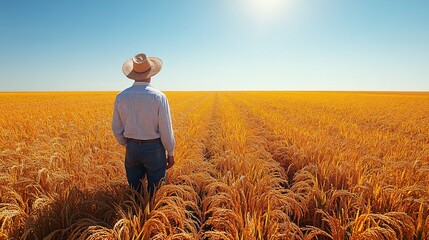 Fototapeta premium A Farmer In A Wheat Field On A Sunny Day