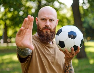 Man with beard holds soccer ball, making stop gesture