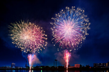 色とりどりの花火が夜空を彩る花火大会の夜景