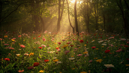 Obraz premium Lush Forest with Sunlight Filtering Through Trees 