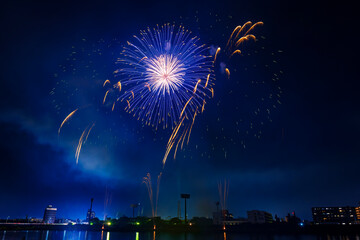 色とりどりの花火が夜空を彩る花火大会の夜景