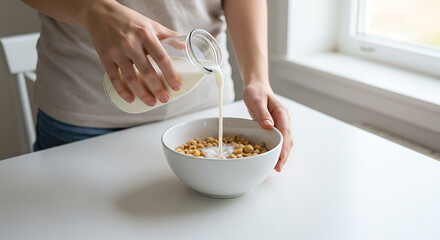 Hands pouring fresh milk into a bowl of healthy breakfast cereal in a bright, minimalist kitchen setting
