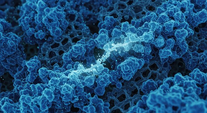 Futuristic microscopic view of vibrant blue cellular structures and glowing particles, showcasing complex biological processes in stunning detail for scientific innovation - Powered by Adobe
