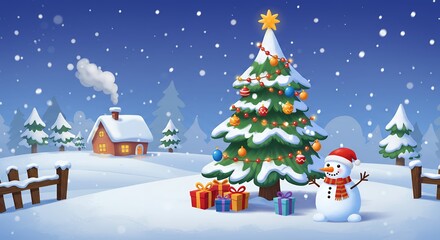 Obraz premium Christmas winter scene illustration with snowman and tree