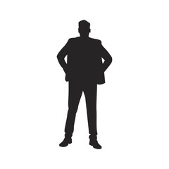 Isolated full-body silhouette of a poised professional man, standing with hands on hips, symbolizing determination and readiness for action