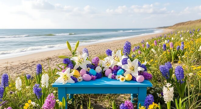 Vibrant Spring Flowers and Easter Eggs on a Beach Table. - Powered by Adobe