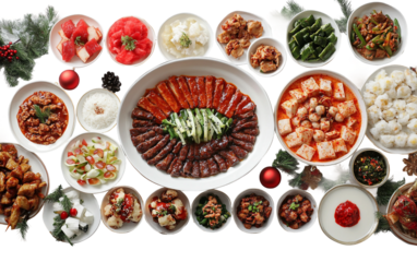 Korean festive spread featuring bulgogi and seasonal foods representing culinary culture and holiday dining isolated on transparent background PNG