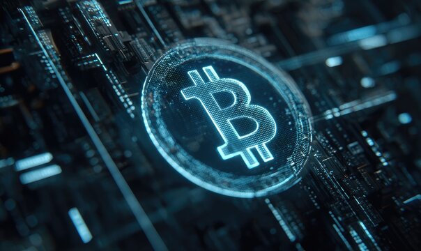 Bitcoin symbol glows on complex circuit board - Powered by Adobe