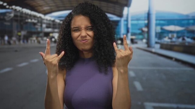 Woman making rock gesture while smiling outdoors at busy airport terminal with modern architecture in background, showcasing energy and excitement.