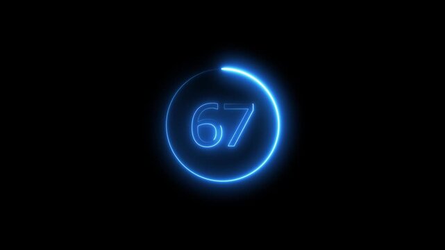 Glowing neon number 67. Educational mathematics animation on blue neon countdown timer number Glowing cyan neon text animation 4K video