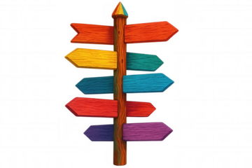 Weathered wooden signpost featuring multicolored directional arrows, signaling navigation choices against transparent backdrop, representing journey decision paths