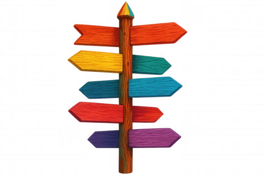 Weathered wooden signpost featuring multicolored directional arrows, signaling navigation choices against transparent backdrop, representing journey decision paths