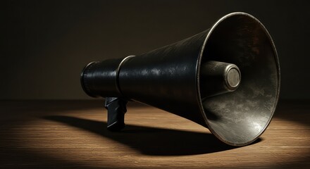 Vintage black megaphone on weathered wood, broadcasting a powerful message with dramatic spotlighting and deep shadows, evoking urgency and impact