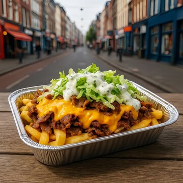 Loaded Kapsalon with Crispy Fries, Melted Cheese, Doner Kebab, and Fresh Lettuce in Takeaway Tray