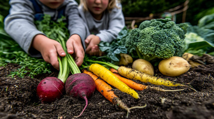 Parents and children picking vegetables in a backyard garden, afternoon sun, natural vibrant colors.