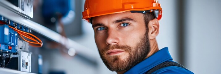 Electrician working on electrical panel wearing hardhat and uniform