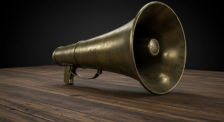 Naklejka premium Vintage brass megaphone announces important news, projecting a powerful, commanding message with timeless appeal and vintage charm