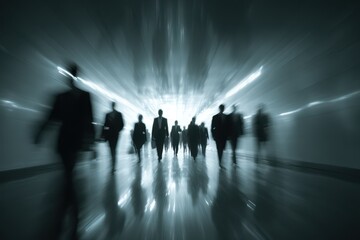 Abstract silhouettes of people walking forward in a glowing futuristic corridor with beams of light, symbolizing progress, business, technology, and innovation