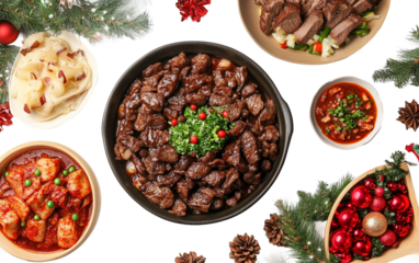 Holiday buffet table with Korean dishes emphasizing flavor, presentation, and festive gathering isolated on transparent background PNG