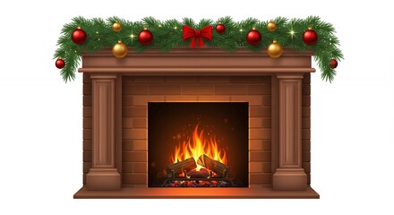 Christmas decorated wooden fireplace illustration
