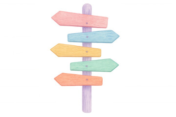 Wooden signpost with five colorful blank arrow signs pointing in different directions, isolated on transparent background, ideal for travel and direction concepts