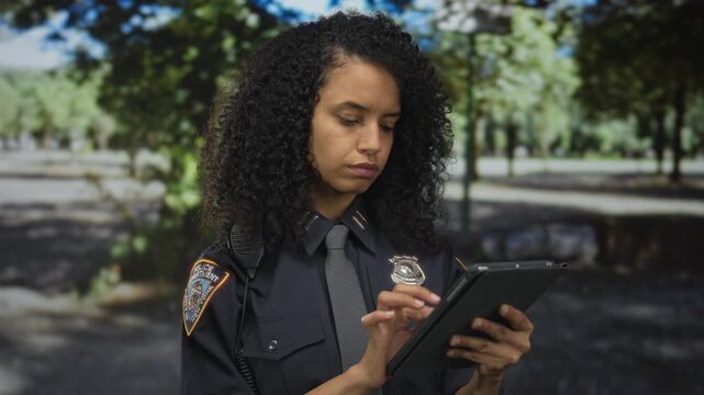 Young woman police officer in uniform uses a tablet outdoors in a green park setting, focusing intently on her task amidst a backdrop of trees.