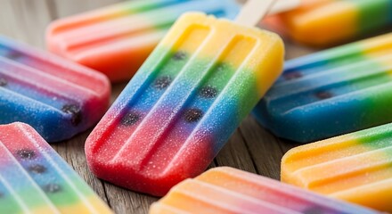 Vibrant Rainbow Popsicles on a Wooden Surface.