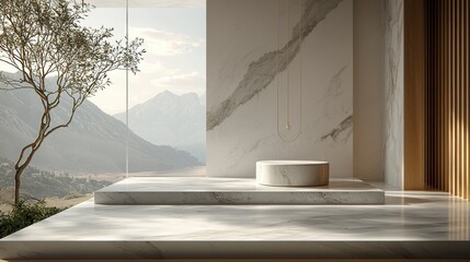 stunning jewelry exhibit showcases high fashion pieces against backdrop of majestic mountains blending elegance and nature in tranquil setting. Warm sunlight enhances sophistication.