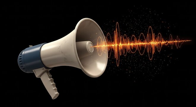 Dynamic megaphone blasting vibrant sound waves and energy particles, symbolizing powerful communication and announcement for impactful messages