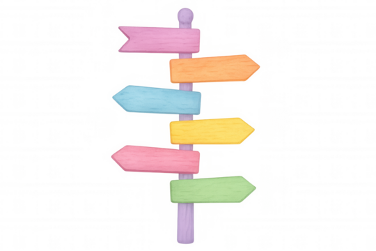 Wooden signpost with colorful arrows pointing in multiple directions, isolated on transparent background, ideal for travel and decision-making concepts