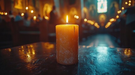 solitary candle glows warmly forefront casting flickering light in beautifully ornate church filled soft shadows.