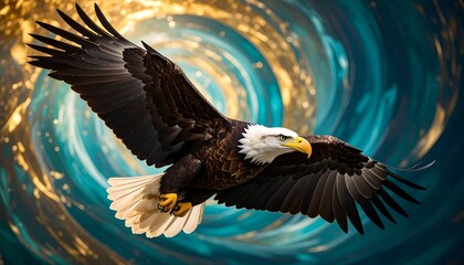 Majestic eagle soaring in a swirling, golden-teal abstract background