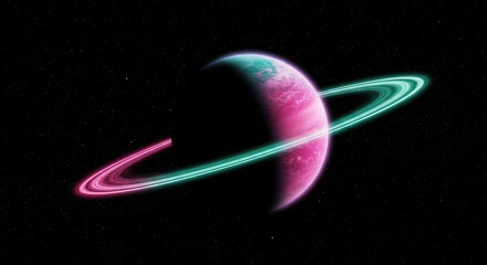 Captivating neon-ringed planet glows with vibrant pink and turquoise hues against a star-filled cosmic backdrop, evoking wonder and exploration.
