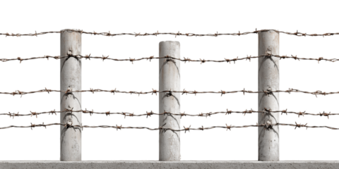 Barbed Wire Fence With Concrete Posts On Transparent Background, PNG