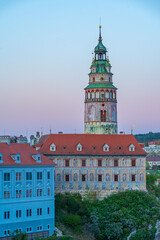 Fototapeta premium Sunset view of Cesky Krumlov castle overlooking Vltava river, Cz